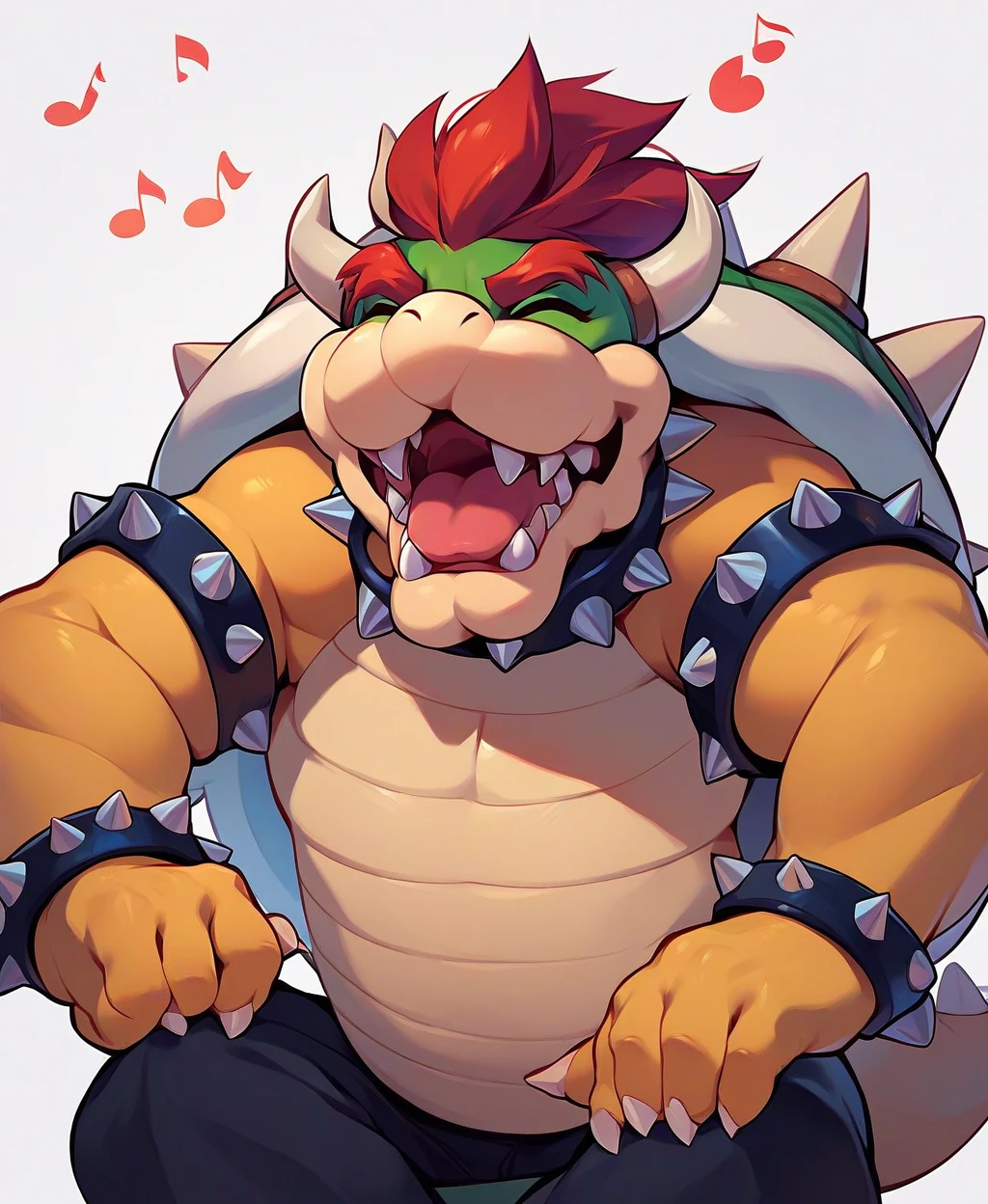 score_9, score_8_up, score_7_up, score_6_up, score_5_up, score_4_up, source_furry, hi res, side angle, rimlight, solo, Bowser, Spiked Bracelets, Spiked Collar, Spiky Shell, closed eyes, open mouth, white background, musical note, sitting, fangs, simple background, happy, laugh