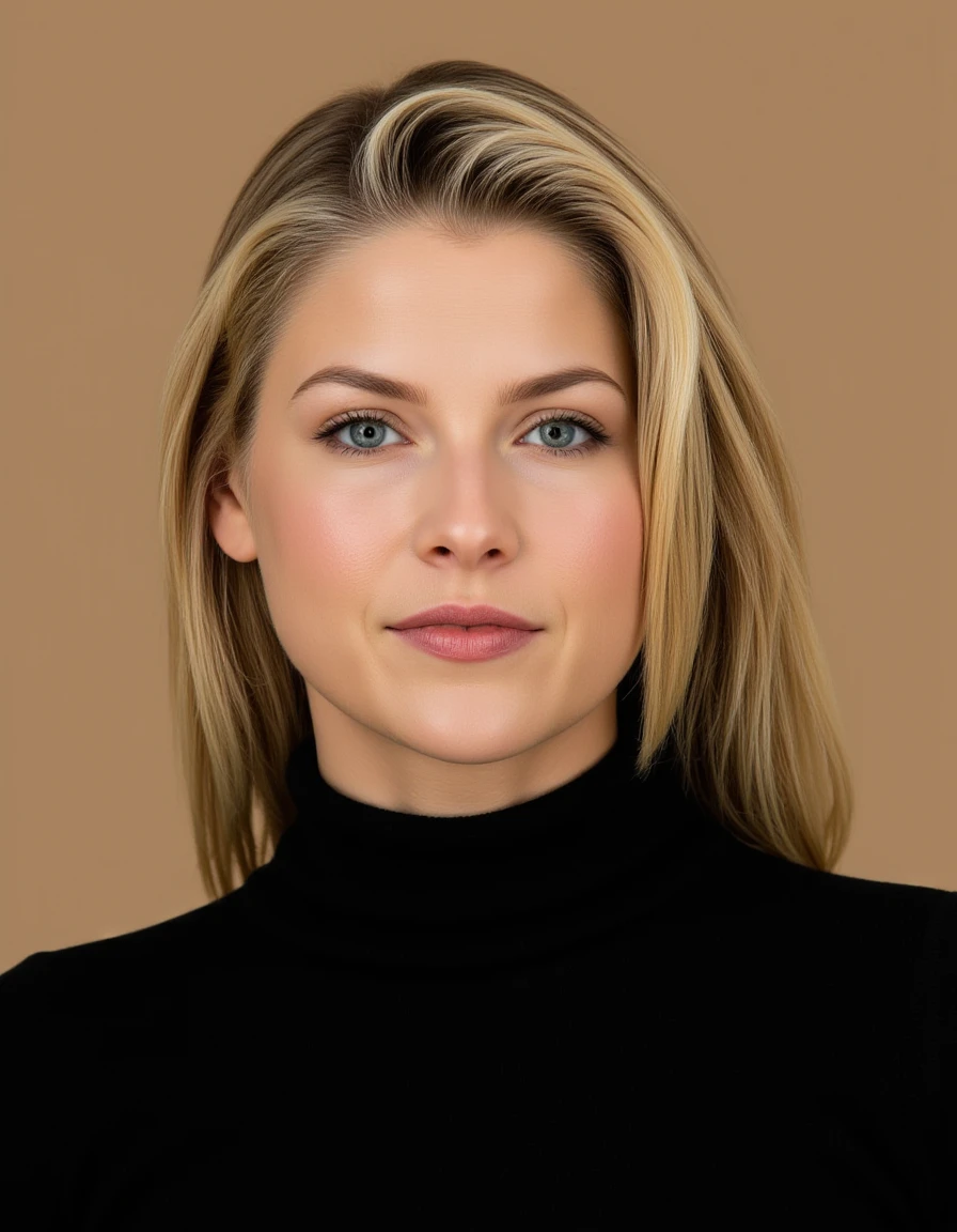 The image is a high-resolution photograph featuring a close-up of a woman Ali Later with fair skin and light blonde hair. Her hair is long styled in a layered, parted slightly off-center. She has a straight, symmetrical face with high cheekbones and a slightly pointed chin. Her eyes are a light blue, framed by long, dark lashes, and she wears a subtle, natural makeup look with a light pink lipstick. Her eyebrows are well-groomed and arched. She is wearing a black turtleneck sweater that covers her shoulders and upper chest, with a smooth texture that appears to be made of a soft, knit fabric. The background is a plain, neutral color, possibly beige or brown, which helps to focus attention on her face. The lighting is even and soft, highlighting her features without harsh shadows. The overall mood of the image is serene and composed.