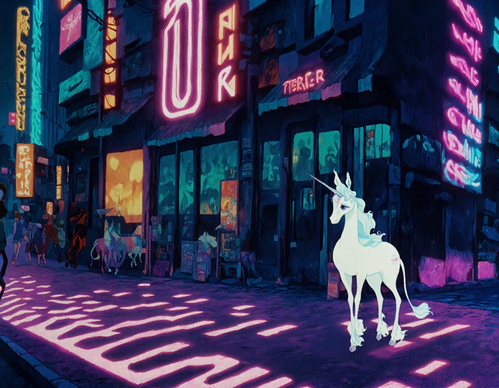 <lora:TheLastUnicorn_pony_v1:1> a frame from "the last unicorn", (a close-up of an unicorn:1.1) standing on a street in a cyberpunk setting, balde runner, futuristic, night rain,neon lights horse, score_9, score_6_up, score_7_up