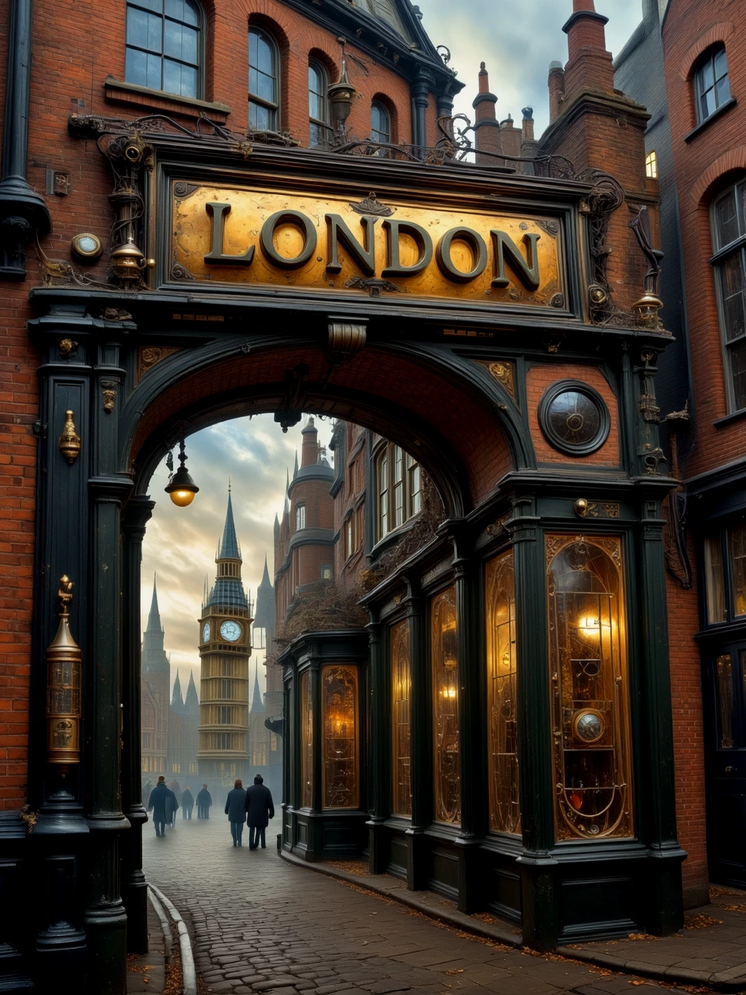 Whismical London. A brass sign over a shop (text: "LONDON")

Atmospheric.

WhimLonCE style