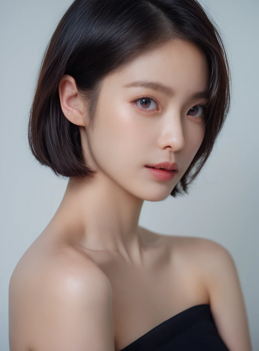 realistic, photorealistic, score_9,score_8_up,score_7_up, 20 years old, 8k, hd, beautiful girl, black hair, short hair,
1girl, detailed face, beautiful woman's face, looking at viewer, ((simple background)), offshoulder top,
