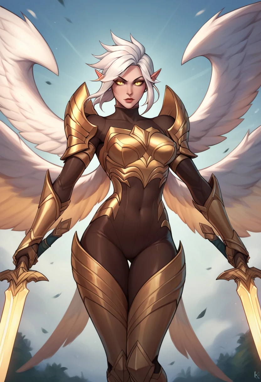 score_9, score_8_up, score_7_up, score_6_up, k4yle, kayle, 1girl, yellow eyes, long hair, pointy ears, white hair, wings, multiple wings, feathered wings, bodysuit, armor, breastplate, shoulder armor, gauntlets, <lora:Kayle_Default_v2:0.7>, sword, holding weapon, holding sword, dual wielding