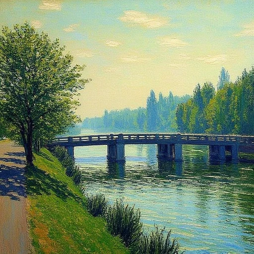 Impressionism \(Oscar-Claude Monet\), The image is a painting of a landscape with a bridge over a body of water.