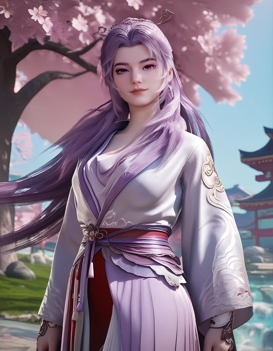 <lora:ponyyunxiao1:1>,score_9,score_8,score_7_up,yunxiao,3d,standing,looking at viewer,purple hair,red dress,Peach Blossom Tree,