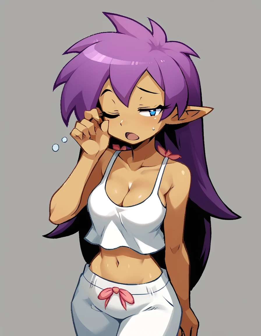 <lora:ShantaePony1.0:0.9> ,cowboy shot,  looking at viewer,standing, score_9, score_8_up, score_7_up, score_6_up, score_5_up, score_4_up , 1girl, shantae, long hair, solo, purple hair, pointy ears, blue eyes, breasts, dark skin, hair down, midriff, cleavage, crop top, one eye closed, transparent background, sleepy, medium breasts, open mouth, rubbing eyes, pajamas, waking up, yawning