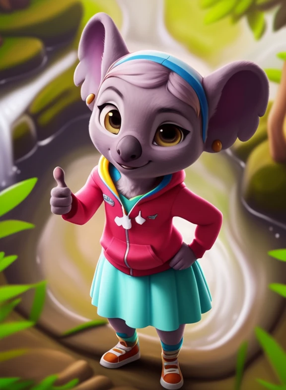 <lora:CaseyTOTSYif:1> CaseyTOTS, koala, light purple fur, (five  fingers, brown eyes, purple sweatshirt, light green skirt, earrings, rainbow socks, orange sneakers,) chibi,
[  solo, (nature), forest, day, clouds, waterfall,  smile,]  ((Hands on hips, standing, hand behind head, high-angle view,(thumbs up)))
(beautiful, aesthetic, perfect, delicate, intricate, saturated colors), masterpiece, digital drawing, best quality,
by ulitochka, by taran fiddler, by Silverfox5213, by personalami,