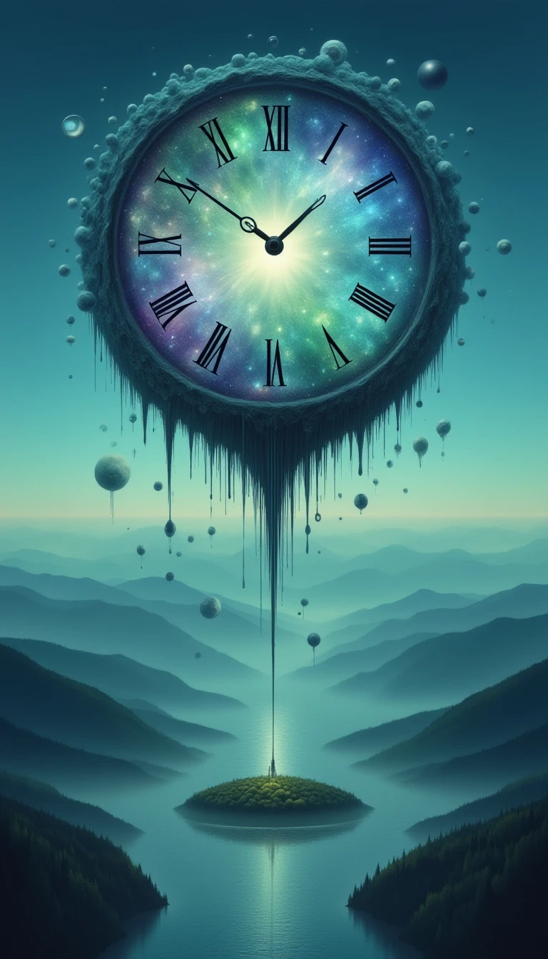 <lora:XRayStyleFlux:>CosmicStyle, Light_pink Digital painting, surrealist dream, melting clock, floating island, perpetual twilight, eerie atmosphere, misty, moody, muted colors, blue, green, purple hues, Salvador Dali inspired, dreamlike, whimsical, abstract, impressionistic, soft, detailed, high resolution, intricate, detailed, concept art, artstation, artbook, wallpaper, promo art, dramatic lighting, dark, ominous, mysterious, thought-provoking, intriguing, enchanting, mesmerizing