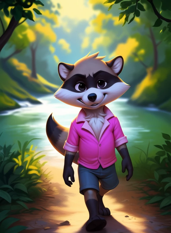 <lora:RenaldoTinTooLooYif:1> RenaldoTinTooLoo, raccoon, male, pink shirt, gray shorts, black eyes, white sclera, gold earring, chibi,
[  solo, (nature), forest, day, clouds, waterfall,  grin,] (walking, view from above,)
(beautiful, aesthetic, perfect, delicate, intricate, saturated colors), masterpiece, digital drawing, best quality,
by ulitochka, by taran fiddler, by Silverfox5213, by personalami,