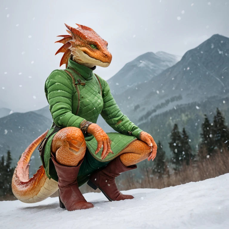 score_9, score_8_up, score_7_up, score_6_up, highly detailed, realistic lighting, dramatic lighting, fine textures, depth of field, 1 female, Dragonborn, furry dragon, orange Dragonborn, scales, green eyes, wearing armor, squatting, gambeson, pale green armor, boots, skirt, cloth material, snowing, winter, mountains, low angle, <lora:Gambeson_CyberPony:1>, <lora:Dragonborn:0.7>