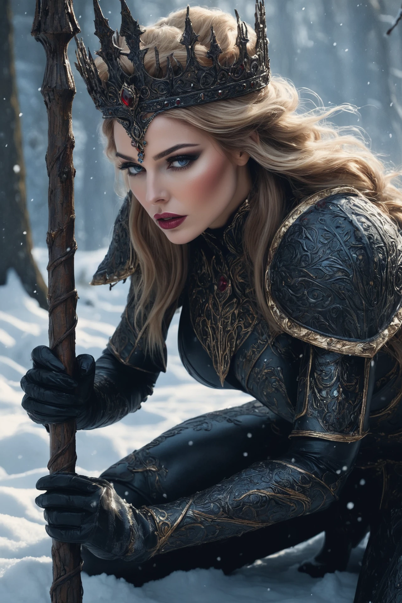 An atmospheric and powerful dark fantasy image, (classical style painting of a beautiful female warlord dressed in intricate dark armor), (filigree elements:0.2), (wearing a dark metallic intricate crown), serious expression, She crouches with her head down and her dirty blonde hair falls over her face, (She holds a powerful magical staff made of dark steel), There are traces of blood in the snow around her from a fallen enemy, (Cinematic shot in a snowy mountainous region), (lightly snowing), highest quality, masterpiece, perfect lighting, perfect body, perfect hands, realistic textures, subsurface scattering, cinematic, (fantasy style), ((Oil Painting)), (Realistic:1.35)