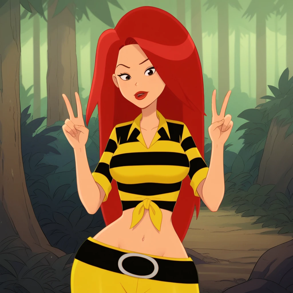 score_8_up, BREAK, 1girl, solo, Lou,  red hair, long hair, black eyes, lipstick, yellow shirt, striped shirt, short sleeves, shirt knot, midriff, black belt, yellow pants, cowboy shot, <lora:Lou_TheDaltons_PXL_Leaf1:1>, forest, double v,