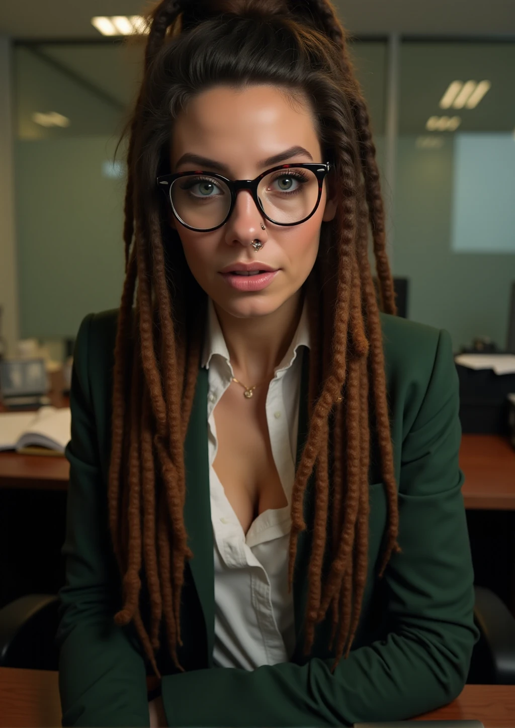 Indica Flower is woman with nose ring and dreadlocks. she wears a woman suit and glasses in an office. green eyes. detailed eyes and detailed skin <lora:IndicaFlower:0.9>