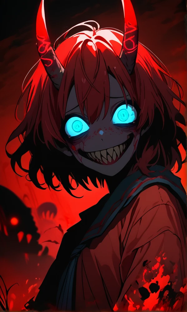 1girl,  vibrant colors, silhouette, yandere, insane, horror, dark art, glowing eyes, wide smile, sharp teeth, glowing teeth, blue eyes, red theme, glowing horns <lora:Vibrant_yandere:1>, animation cel, anime screencap, film grain, line art