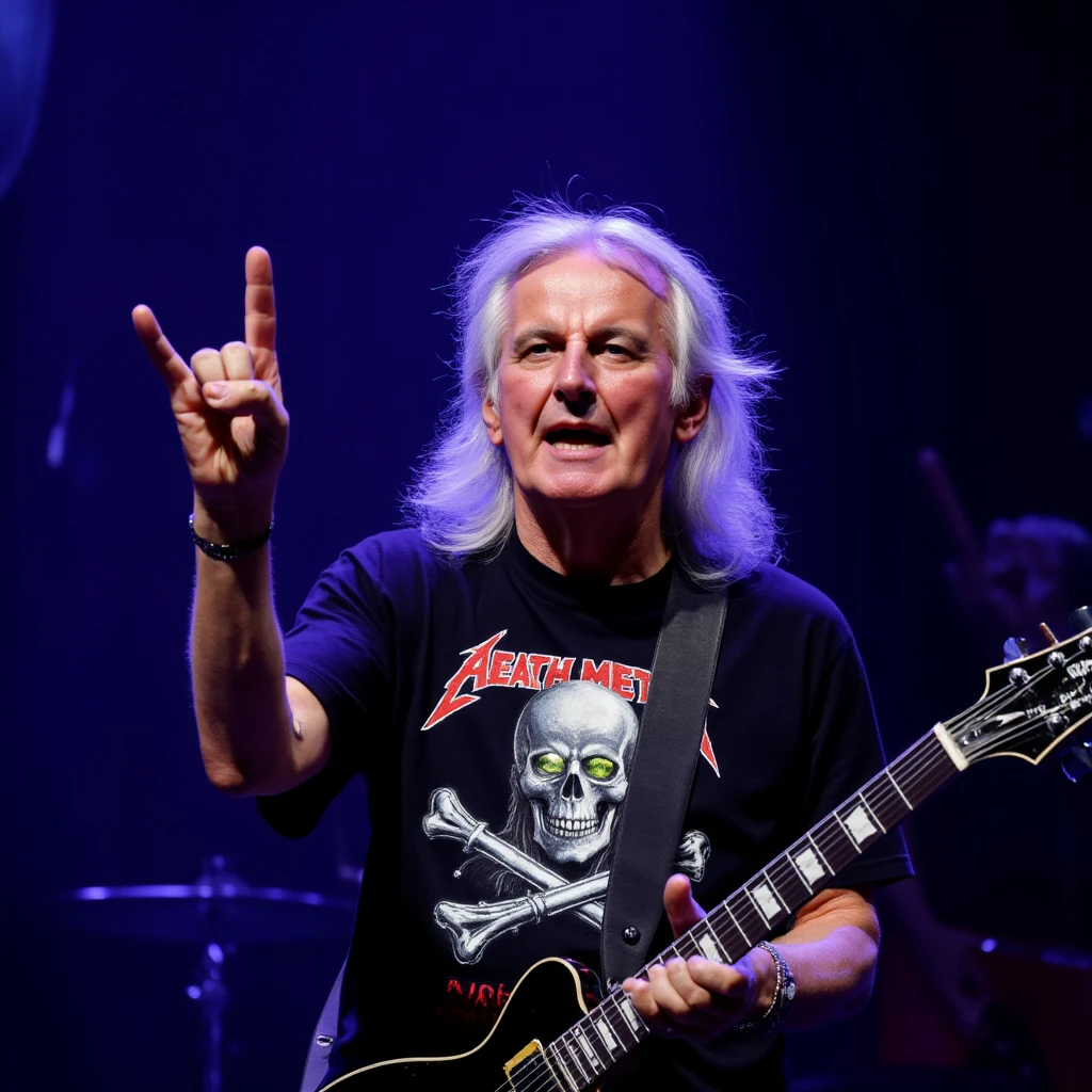 75 years old Michel Barnier as a heavy metal guitarist. He is wearing death metal's t-shirt with a skull on it, in a concert, epic light, professional shot, singing with open mouth, long hair, a heavy metal rock and roll hand gesture, hud_m3tal_h4nds sign with the index and pinkie finger extended upwards