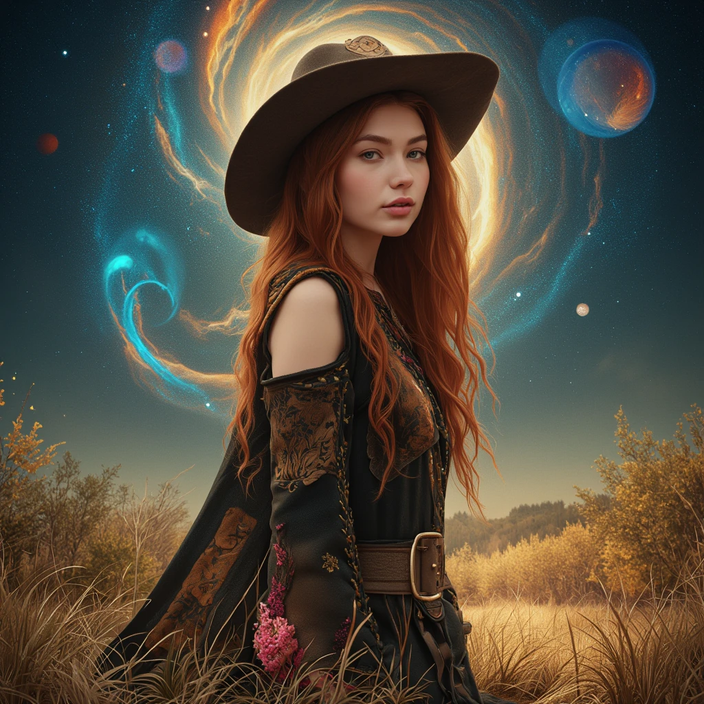 a stunning but realisitic portrait of a dungeons and dragons character that is a slender red-headed Cowgirl Witch with a Brown knit hat with floral patterns around it, surrounded by cosmic otherworldy earthen magic in a sci-fi poster