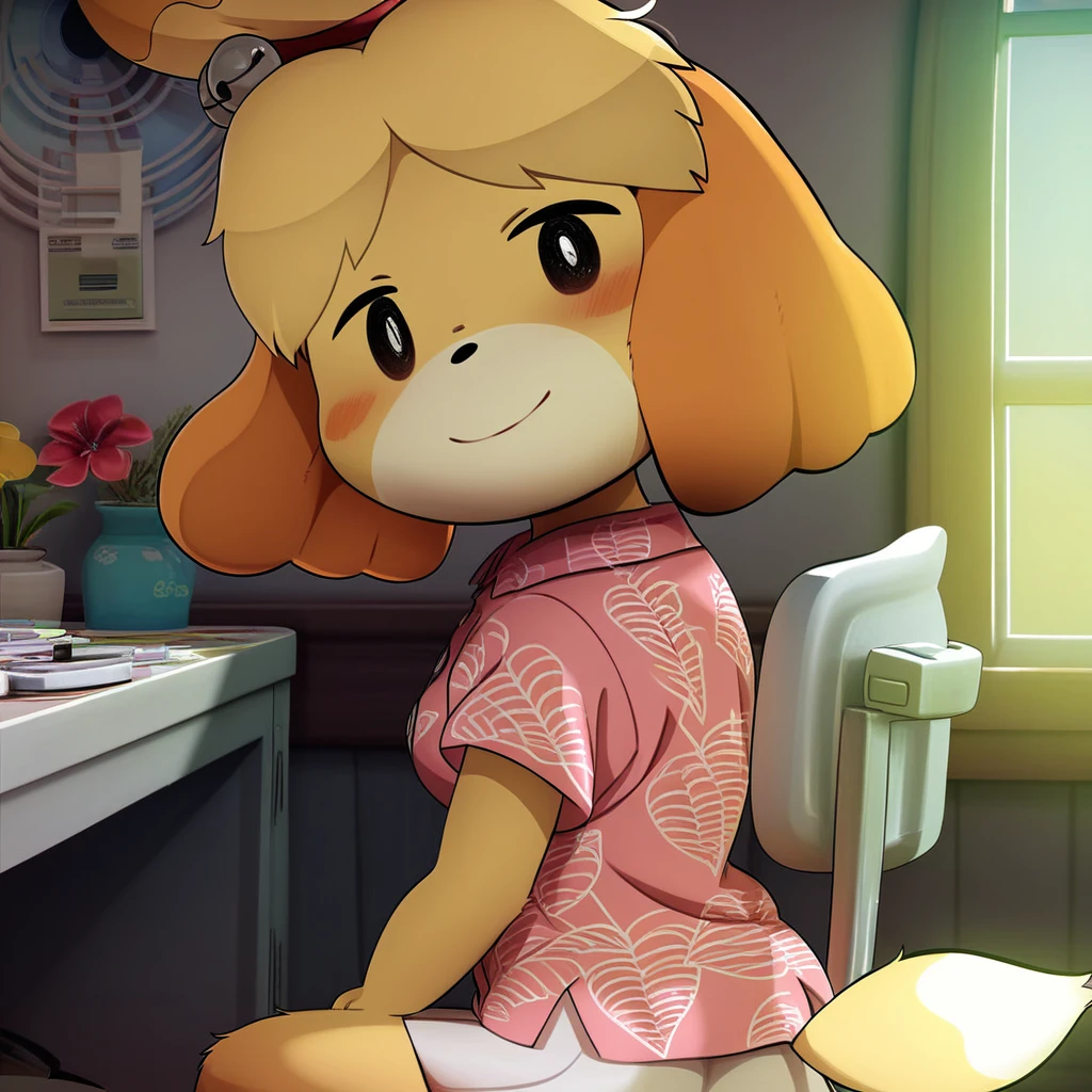 solo, 1girl, female, isabelle, smile, BREAK hawaiian shirt, pink shirt, short sleeves, white skirt, leaf print, BREAK indoors, sitting, colorful, looking at viewer, portrait, BREAK ((ultra-detailed)), ((best quality)), ((best quality)), ((beautiful eyes)), ((extremely detailed)), 4K, (8K), best quality, (beautiful), Master piece, highres, score_9, score_8_up, score_7_up, score_6_up, score_5_up, score_4_up, colorful, best quality, official art, highres, masterpiece, nai3, god light, detailed background, high quality background,