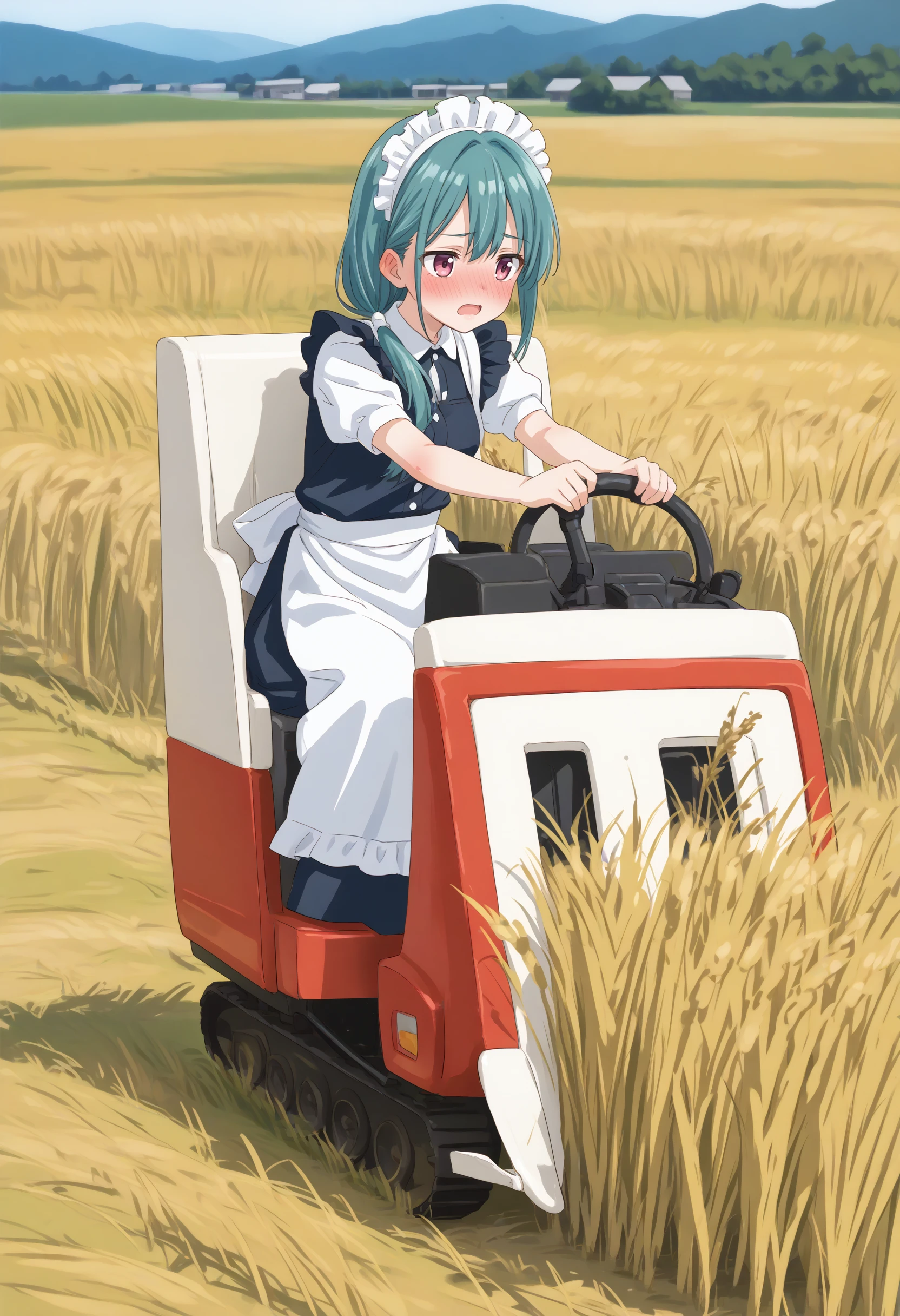 (masterpiece:0.7), (best quality:1.1),
(by sincos:0.5),(by ningen mame:0.5),(by toosaka asagi:0.5),
1girl,solo,medium breasts, maid, maid headdress,
combine harvester,ground vehicle,motor vehicle,grass,outdoors,day,sky,driving,sitting,field,short sleeves, skirt, wheat,wheat field,  <lora:combineharvester_XL_v2:0.7>
from side, panorama shot, looking ahead, aqua hair, pink eyes,full face blush, open mouth, tired hair,,