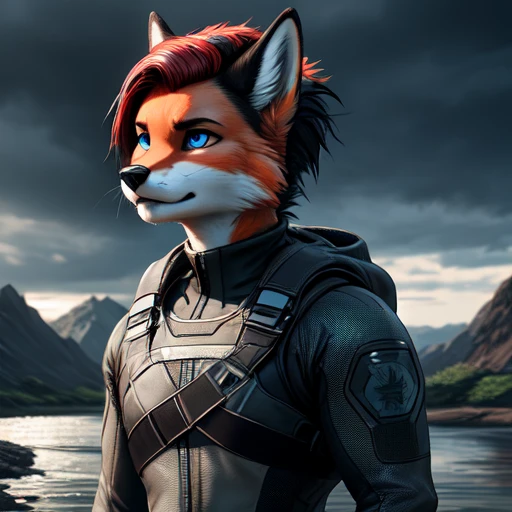 best quality,(  death stranding, black rain, river,   mountains in background,   atmospheric perspective, atmospheric),   bridgesuit, A fox boy,(Beautiful detailed blue eyes) ((fur base colors white orange red Black)  | (fur detailed fur texture:1.2)) and a very long Undercut head hairstyle and gray hair, cinematic shot, dynamic lighting, 75mm, Technicolor, Panavision, cinemascope, sharp focus, fine details, 8k, HDR, realism, realistic, key visual, film still, cinematic color grading, depth of field, (anthro:0.1), (anthro:0.1)