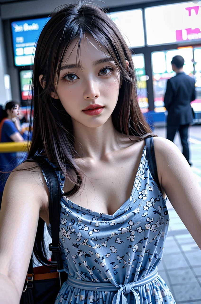 raw close-up photo of a beautiful woman waiting for a bus, casual dress, slim, erotic, at a bus station, rain, skin moles, detailed skin, realistic skin texture, cinematic shot,

