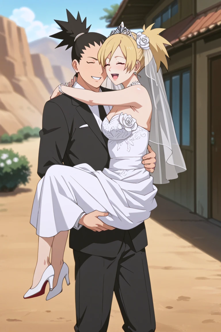 score_9, score_8_up, score_7_up, source_anime, rating_explicit, ShikamaruNS, black_Shikamaru_hair, TemariNS, couple focus, white manly suit, princess carry, 1boy, white wedding dress, 1girl, anime screencap, formal, wedding clothes, smile, blurry outdoors desert, white flowers, hetero, husband and wife, sweet-cute wallpaper, closed eyes, happy-cheery, straight-on