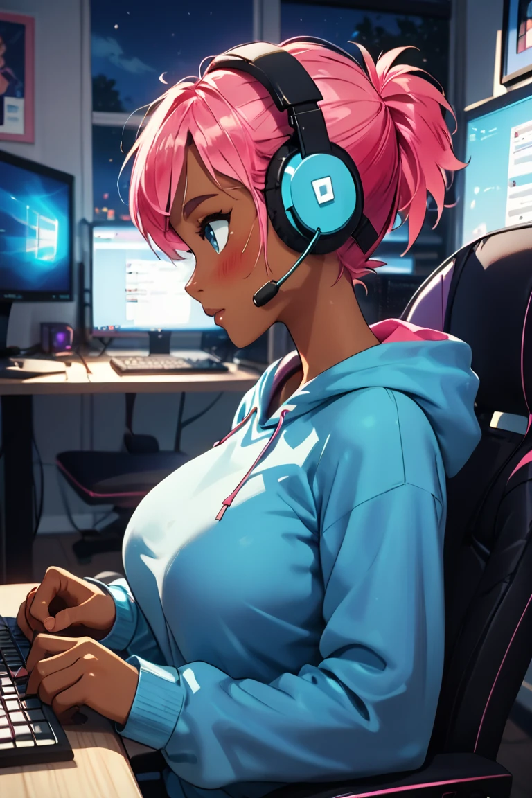 4n1v3rs3, score_9, score_8_up, score_7_up,break,Ellen, woman, short hair, pink hair, blue eyes, dark skin, large breasts, break, headset, headphones, monitor, cap, hat, solo, sitting, swivel chair, mouse, computer, chair, interior, black headgear, sideways, keyboard, sweater, sleeves wrists past, computer, gaming chair, long sleeves, hood, night, upper body, blush, holding, profile, office chair