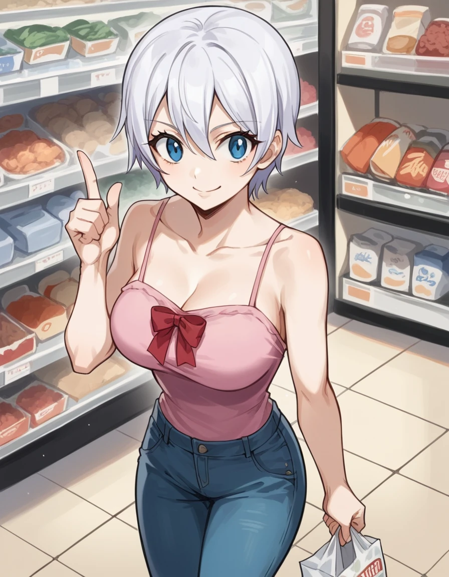 score_9, score_8_up, score_7_up, source_anime, <lora:lisanna-strauss-anime-ponyxl-lora-nochekaiser:1>, lisanna strauss, short hair, blue eyes, hair between eyes, white hair, large breasts,, bow, bare shoulders, collarbone, pants, red bow, denim, camisole, jeans, pink camisole,, grocery store, cashier, shopping bag, scanning items, small talk, everyday routine, smile, looking at viewer, hand showing a thumbs down, solo,, cowboy shot, dutch angle