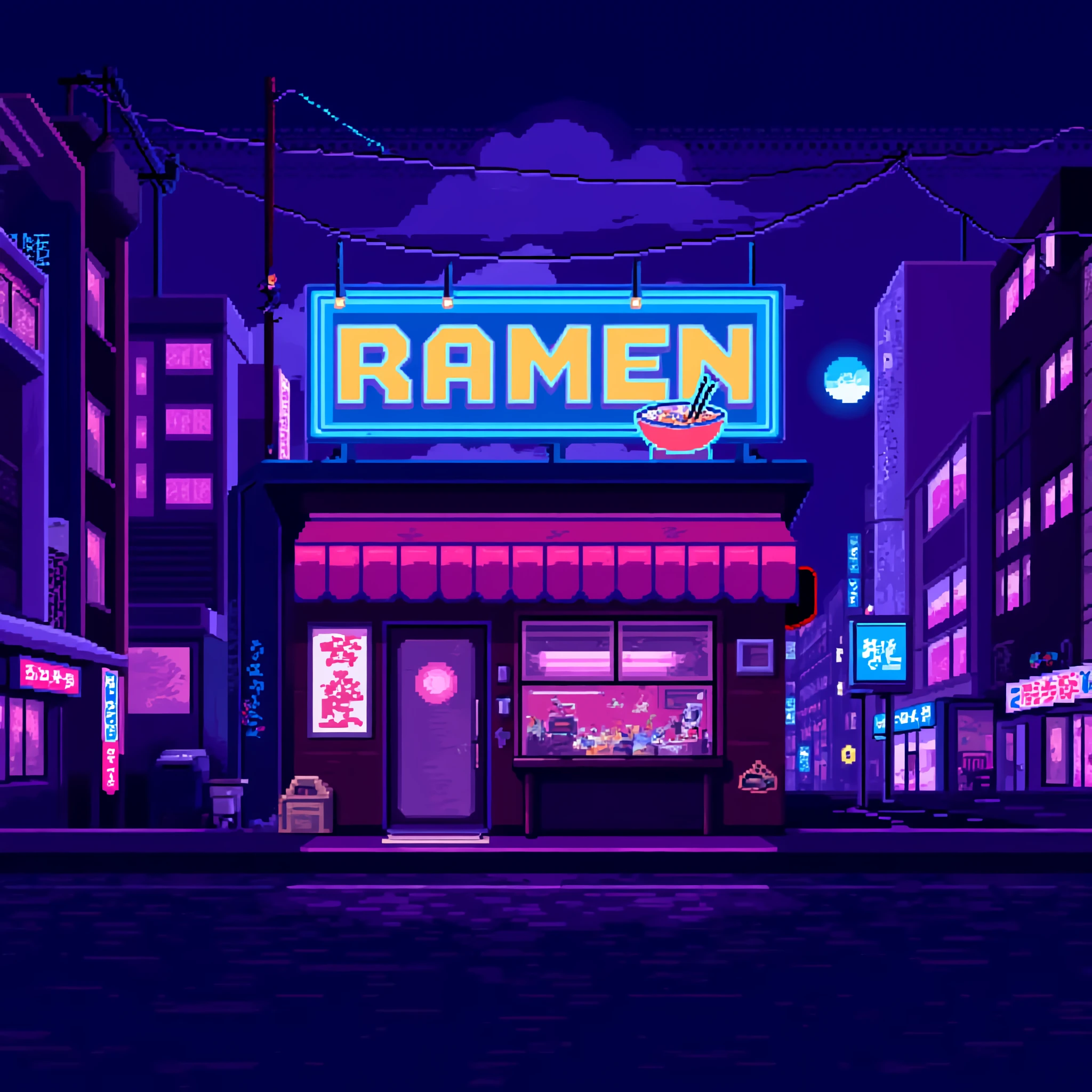A pixelated retro-styled depiction of a neon-lit street scene at night. Above the stall a large neon sign displays the word 'RAMEN' in bold colorful letters accompanied by an illustration of a ramen noodle. The back shows a bustling cityscape with tall buildings illuminated signs and a full moon. The color palette consists primarily of purples blues and pinks creating a vibrant and lively atmosphere.