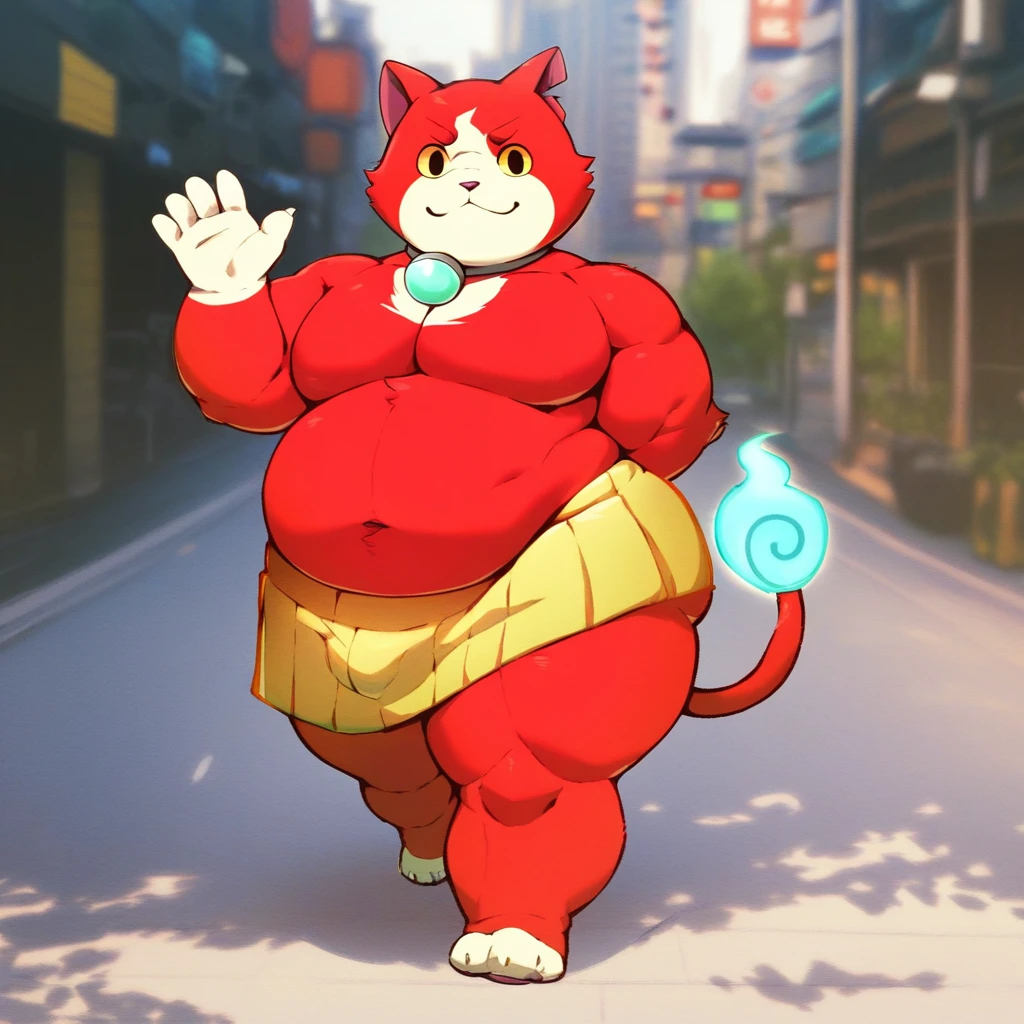 score_9, score_8_up, score_8, furry, Jibanyan, cat, yokai, red fur, yellow sclera, two tails, blue flame tail tips, cartoon style, 2d, overweight male, pecs, big belly, thick thighs, wide hips, solo, haramaki sash, standing, looking at viewer, waving, outside, walking in city, Tokyo