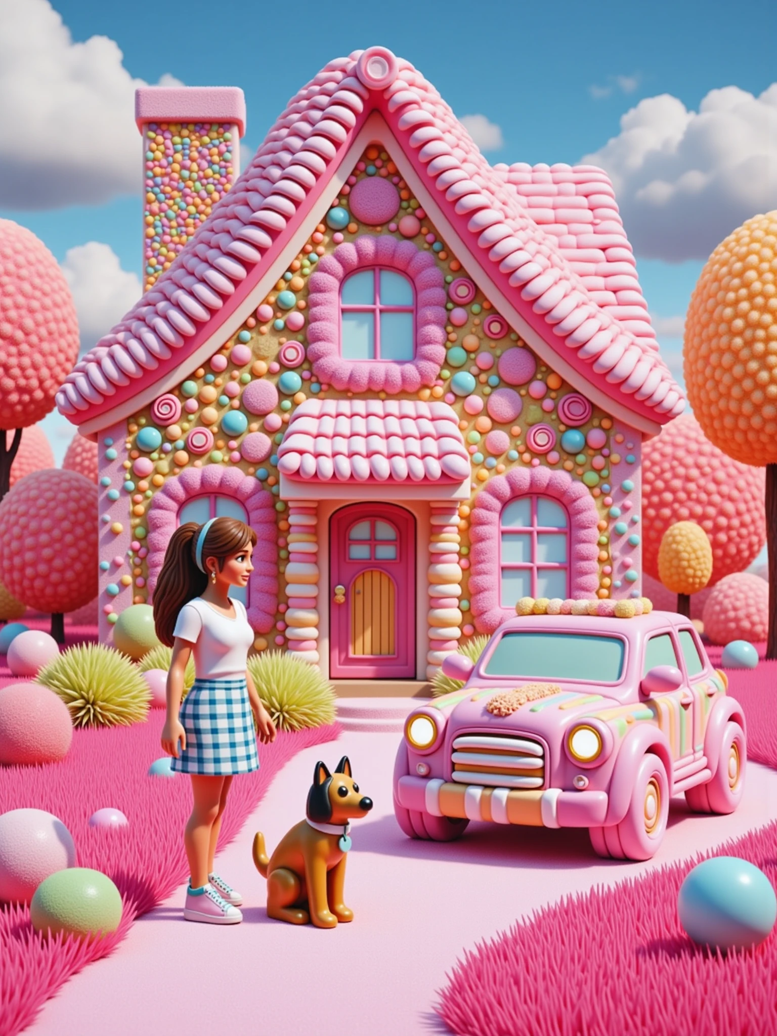 A woman standing next to her dog in front of her house in candyland where everything is made of sweets and candy. In the driveway her candy car is parked. 