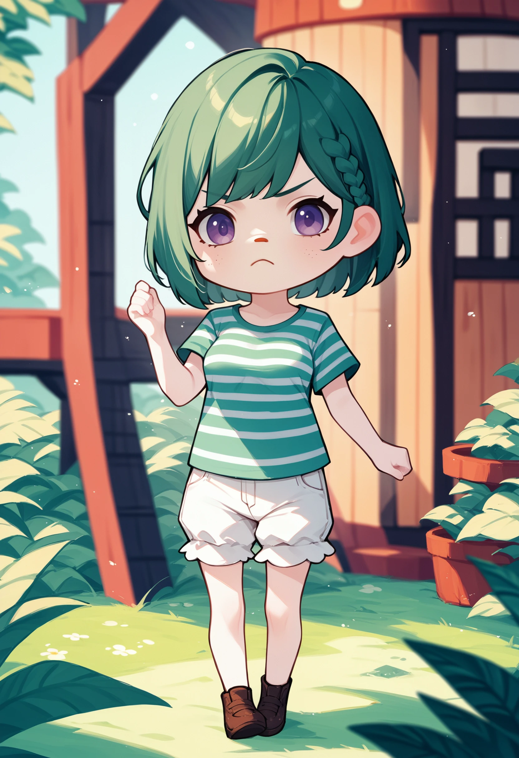 zPDXL3, score_9, score_8_up, score_7_up, score_6_up, score_5_up, score_4_up, 
1girl, 
medium breasts, 
purple eyes,
dark green hair,
short hair,
side braid,
frown,
prostration,
striped shirt,
bloomers,
treehouse,
acvillager, chibi, solo,
<lora:AnimalCrossing - Villager v2:1>