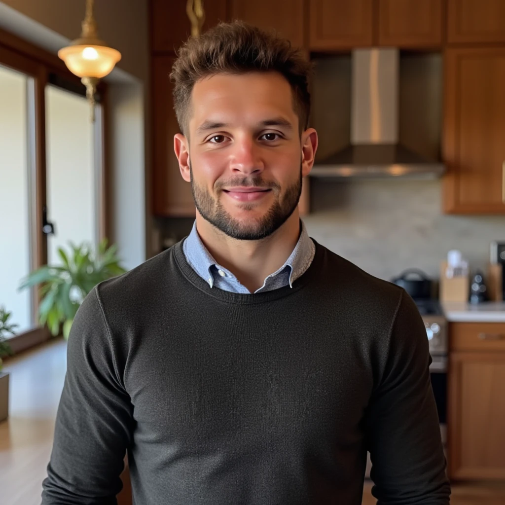 photo of a man wearing a sweater, in a kitchen, n1ck