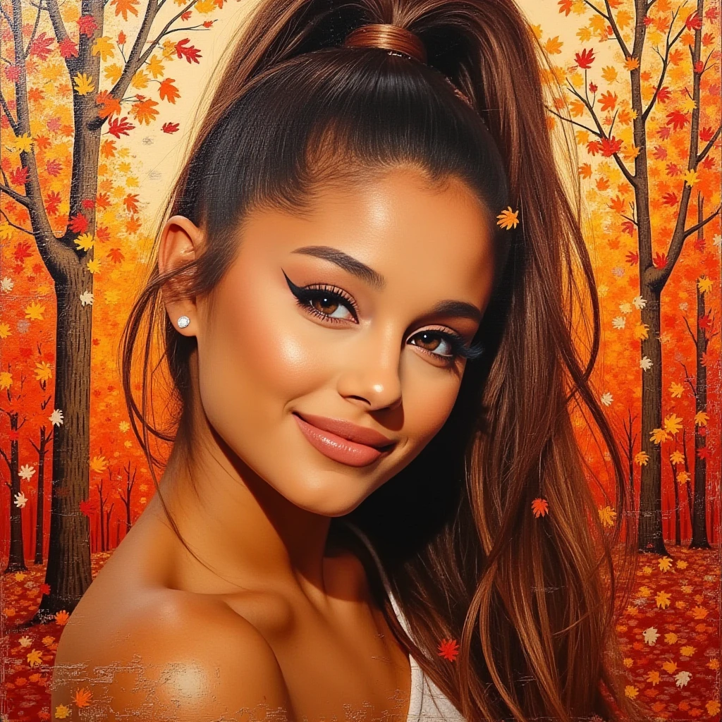 woman, light makeup, smiling. high ponytail, Expressionistic abstract painting utilizing a rough palette knife technique depicting the face of a woman with long flowing hair in the fall. The autumn theme is respresented through primary use of the colors red, orange and brown as well as autumn trees and leave, 4r14n44