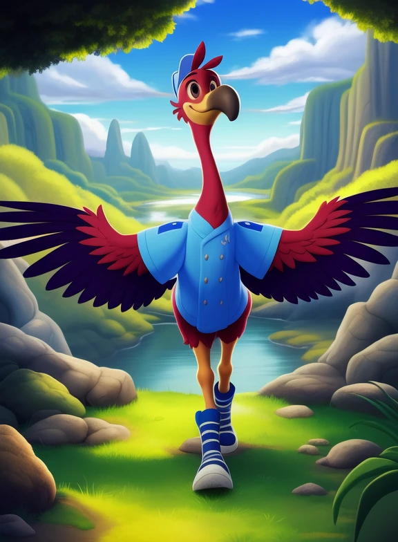 <lora:FreddyTinOneTraYif:1> FreddyTinOneTra, flamingo, bird, arms wings, brown eyes, yellow legs, yellow colyuv, coral pink, blue shirt, gray buttons, high-top dark blue sneakers, light blue cap,
[  solo, nature, forest, day, clouds, waterfall,  smile,] (solo focus, )(walking, view from above,)
(beautiful, aesthetic, perfect, delicate, intricate, saturated colors), masterpiece, digital drawing, best quality,
[by dagasi|ancesra:0.6], [by foxovh|personalami:0.5], [by einshelm|tom_fischbach],