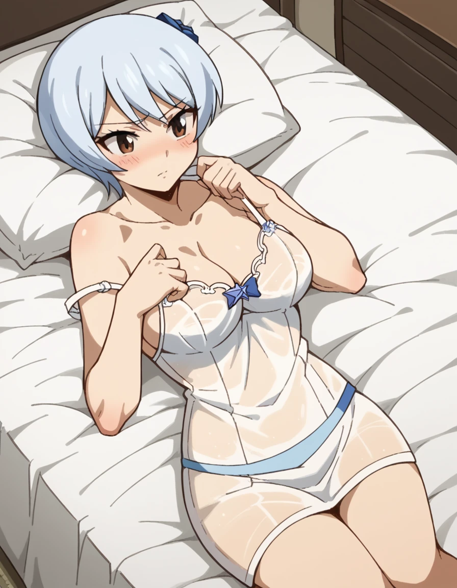 score_9, score_8_up, score_7_up, source_anime, <lora:yukino-agria-s7-ponyxl-lora-nochekaiser:1>, yukino agria, short hair, brown eyes, white hair, large breasts,, <lora:chemise-ponyxl-lora-nochekaiser:1>, chemise, strap slip, see-through, bare shoulders, collarbone, thighs,, indoors, bed, bed room, on back, on bed, blush, , cowboy shot, dutch angle