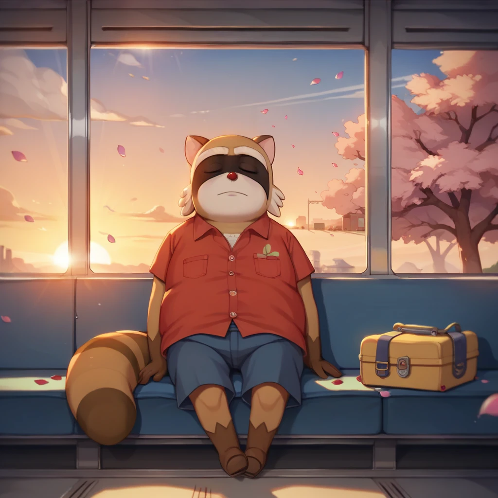 score_9, score_8_up, score_7_up, (falling petals), sunlight, (magical place), sunset, hot day, cherry blossoms, masterpiece, highres, highres,  <lora:rascal-v2-16:1> rdrascal, raccoon, ((gnome)), plump:0.5, 1boy, solo, red shirt only, sitting, sleeping, train_station,