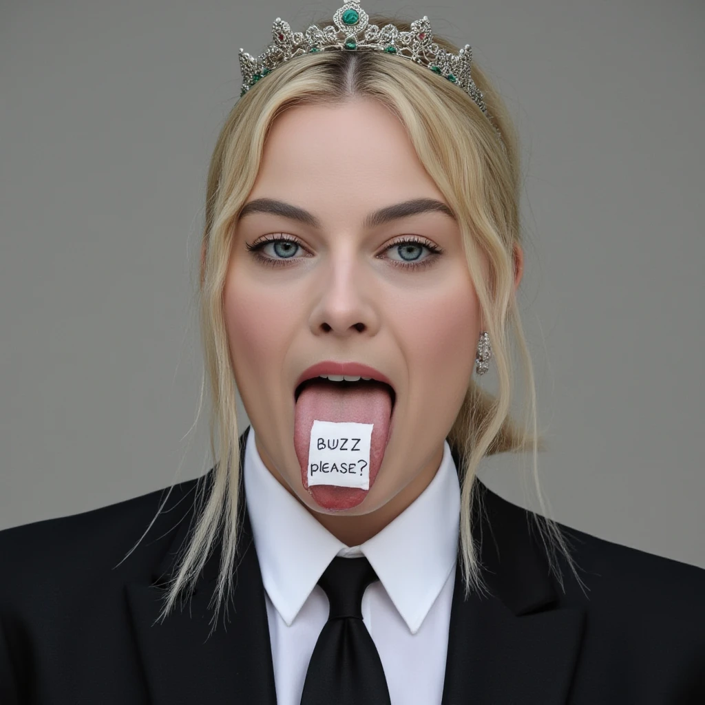 Front illuminated, High quality passport portrait photo of a woman wearing a suit and tie with her long tongue sticking out. On her tongue is a small wet piece of white paper with the black text "BUZZ PLEASE ?" written on it in bold black text. She has long silver middle parted hair and is wearing a delicate silver and jade crown. Grey wall in the background. , <lora:concept_long_tongue_out_flux_1_standard-000017:1>,<lora:Margot_Robbie_2016_FLUX_v1-000037:1>