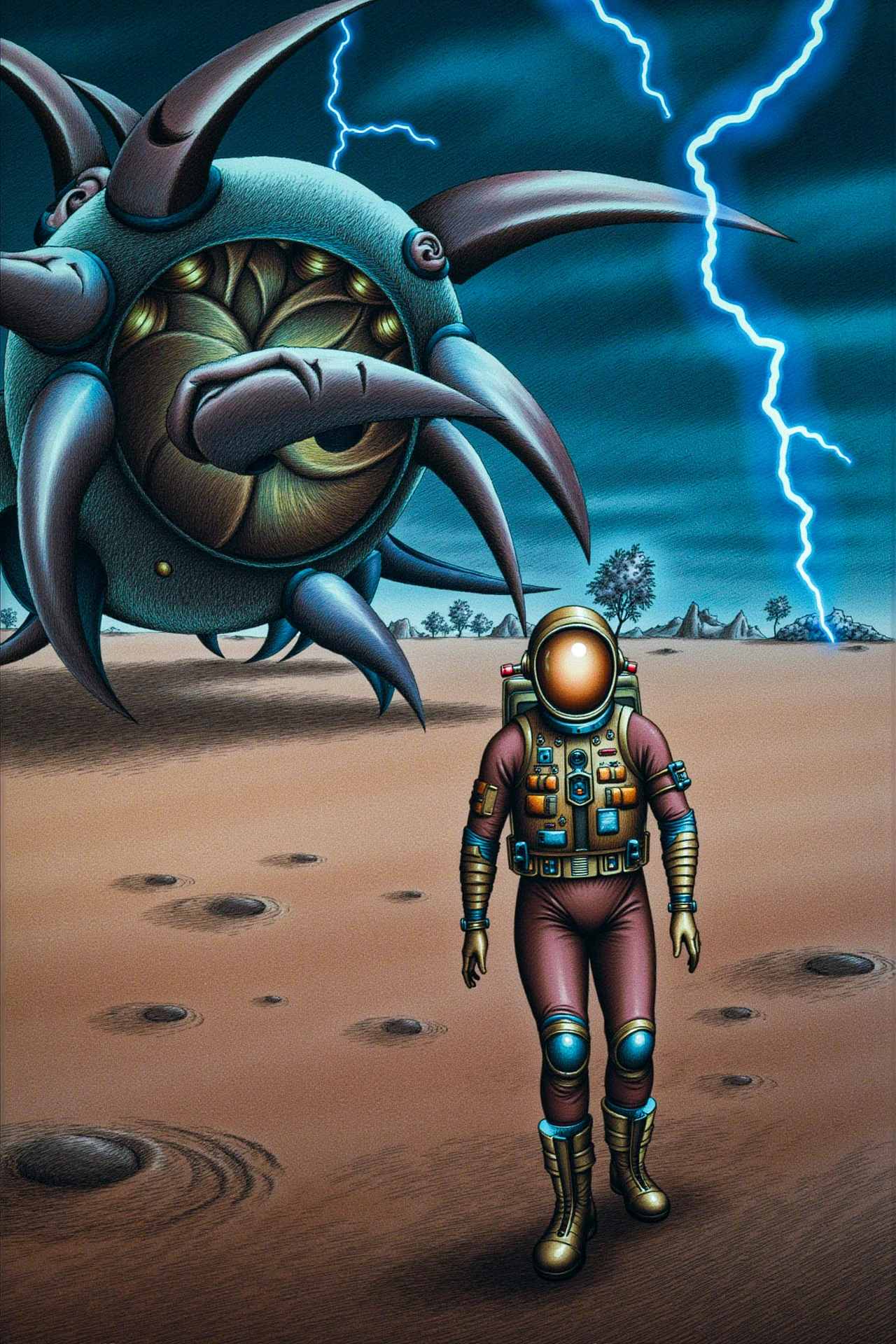 "A lone space traveler navigates a barren alien planet, surrounded by colossal, decaying spacecraft. The skies are stormy, with flashes of lightning illuminating the twisted metal. The travelerâs suit is worn and battle-scarred, with a glowing visor that reflects the eerie landscape. The scene is filled with intricate details, like swirling dust storms and distant mountain ranges, evoking a sense of isolation and danger." <lora:fantastic_planet_v1:1>