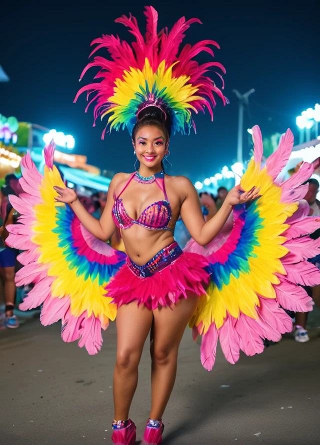 score_9, score_8_up, score_7_up, score_6_up, Looking straight at the camera (dazzling rio carnival dancer) young woman, thai, light skin, light brown eyes, busty build, long dark side-swept hair, wearing a pink halter crop top, sequined carnival skirt, feathered wings, high-heeled sandals, colorful eyeliner, rhinestone-studded belt,sparkling bangles, set in a dazzling carnival float, featuring bright lights, samba dancers, colorful decorations, enthusiastic performers, and lively music , at night   , at Barranquilla, Colombia carnival, ,  Hands clasped behind the back at evening <lora:reij-style01:.75> reij-4fn , <lora:Fantasia_Pony:.95>, carnival. dancer,  solo