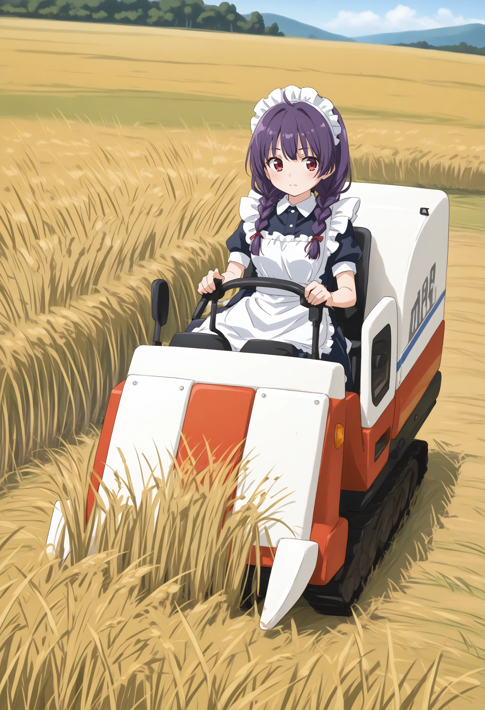 (masterpiece:0.7), (best quality:1.1),
(by sincos:0.5),(by ningen mame:0.5),(by toosaka asagi:0.5),
1girl,solo,medium breasts, maid, maid headdress,
combine harvester,ground vehicle,motor vehicle,grass,outdoors,day,sky,driving,sitting,field,short sleeves, skirt, wheat,wheat field,  <lora:combineharvester_XL_v2:0.7>
dutch angle, fisheye lens, looking back, purple hair, red eyes,disdain, closed mouth, twin braids hair,,