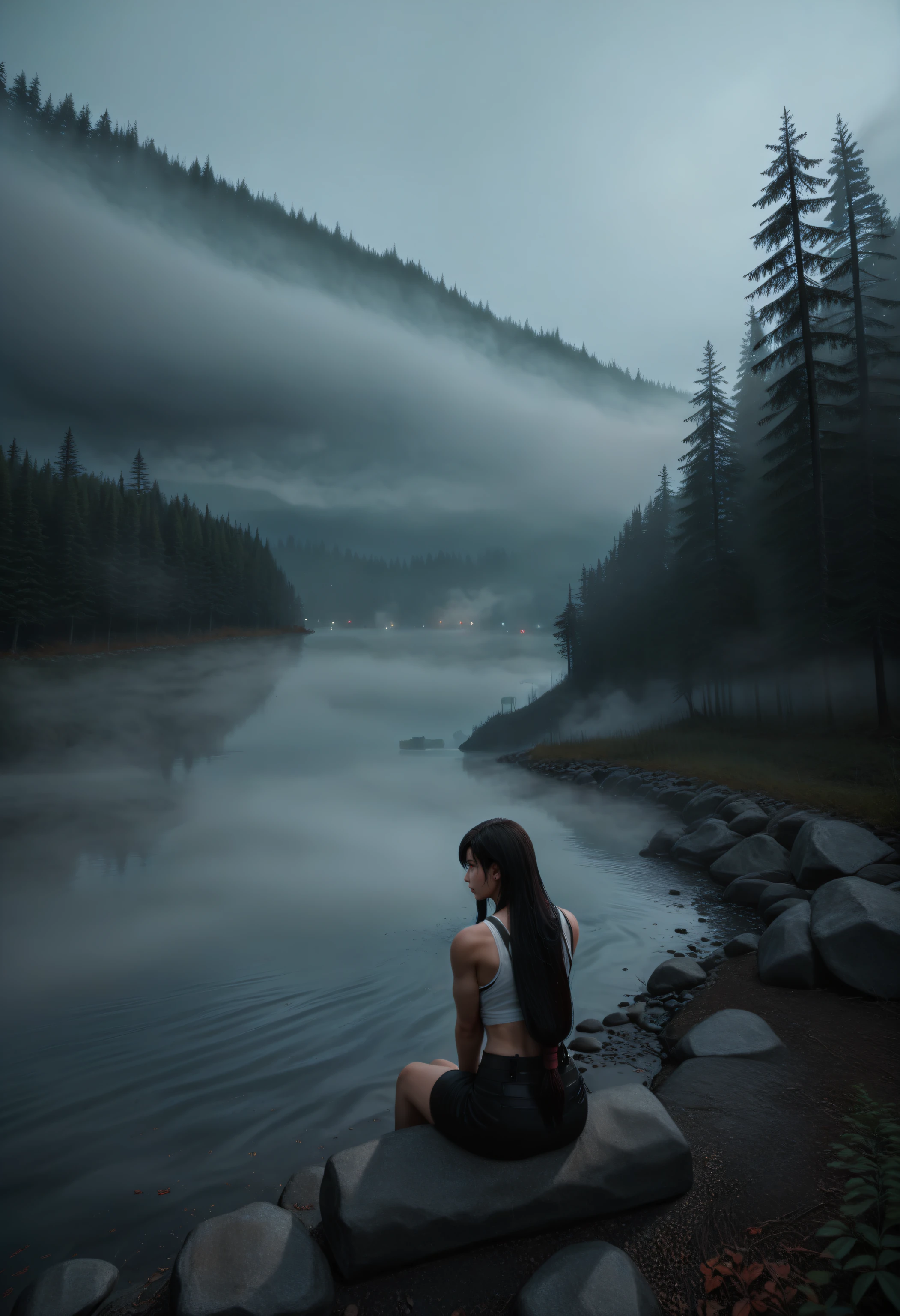 score_9, score_8_up, score_7_up, 1girl, tifa_lockhart, final_fantasy, 1girl, black_hair, red_eyes, dutch angle, sitting sideways, indoors, lake, embedding:l4k3