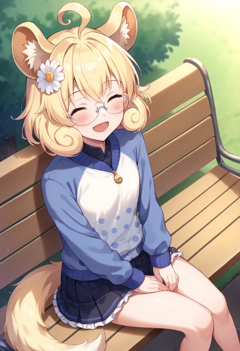 score_9,score_8_up,score_7_up,source_anime,masterpiece,best quality,game cg,1girl,solo,hands_on_own_thighs,rameca_(show_by_rock!!),blonde hair,ahoge,hair flower,hair ornament,animal ears,tail,glasses,jacket,blue shirt,polka dot shirt,long sleeves,pleated skirt,frilled skirt,looking_at_viewer,cowboy_shot,smile,park,dynamic_angle,<lora:ramecaSB69:1>,closed eyes,light_blush,sitting_on_bench,open mouth,