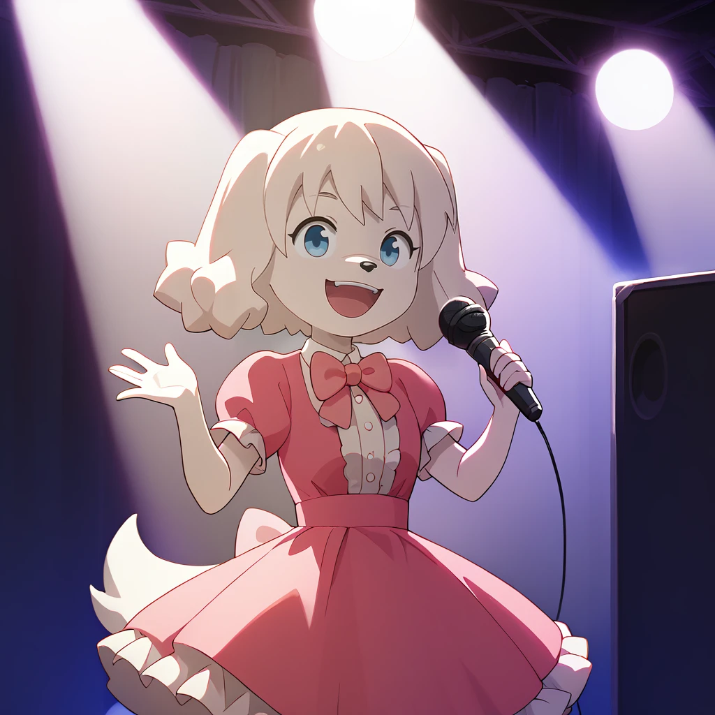 score_9, score_8_up, score_7_up, 1girl, solo, uncensored, <lora:RuiNikaidouXL_v1.0:1> rui nikaidou, dog nose,  1girl, happy, holding microphone, singing, dancing, solo, pink bowtie, pink dress, frilled dress,  indoors, stage, stage lights, spotlight