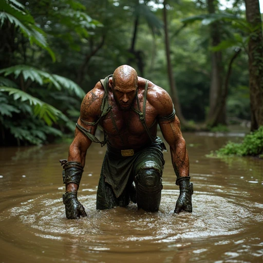 image a photorealistic depection of a a lone muscular catachan jungle fighter covers himself in thick mud in a pool of water to escape his enemy