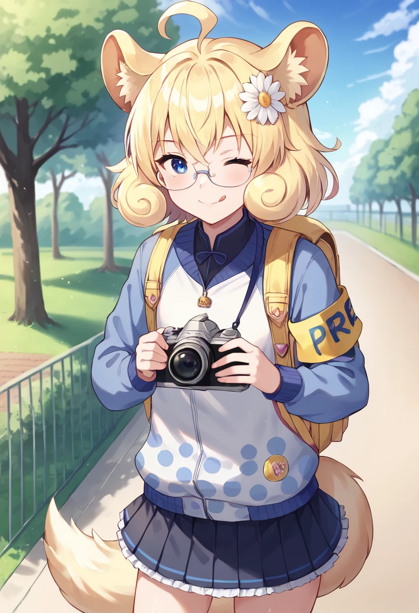 score_9,score_8_up,score_7_up,source_anime,masterpiece,best quality,game cg,1girl,solo,rameca_(show_by_rock!!),blonde hair,blue eyes,ahoge,hair flower,hair ornament,animal ears,tail,glasses,jacket,blue shirt,polka dot shirt,long sleeves,armband,pleated skirt,frilled skirt,backpack,camera,holding camera,looking_at_viewer,cowboy_shot,smile,park,cloud,dynamic_angle,<lora:ramecaSB69:1>,closed mouth,tongue_out,wink,