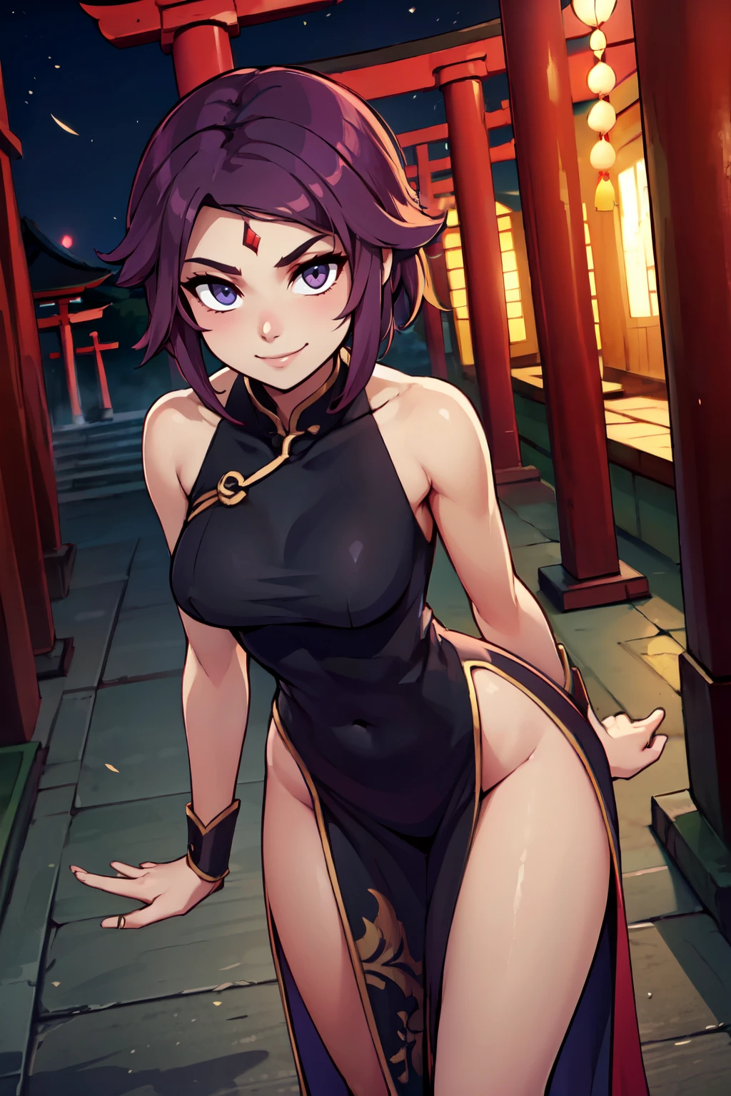 ((masterpiece,best quality)), absurdres,  BREAK, , <lora:RavenDC_v2:0.8>, zzRaven, , BREAK,  china dress, pelvic curtain, side slit, sleeveless, print dress, covered navel, no panties, outdoors, night, torii, shrine, east asian architecture, leaning forward, hand on own thigh, from above,, BREAK, solo, smile, looking at viewer, cowboy shot,