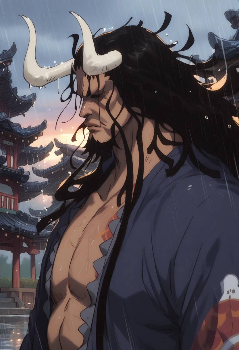 score_9, score_8_up, score_7_up, source_anime, rating_safe, raining, sunrise, wet, KaidoOP, black_Kaido_facial hair, (white_Kaido_horns), black_Kaido_hair, shaded face, 1boy, male focus, casual clothes, droplets, blurry outdoors Japanese architecture, tori gate, scenery, centered, from side, sad-gloomy, realistic shading,