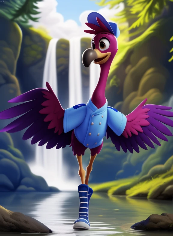 <lora:FreddyTinOneTraYif:1> FreddyTinOneTra, flamingo, bird, arms wings, brown eyes, yellow legs, yellow colyuv, coral pink, blue shirt, gray buttons, high-top dark blue sneakers, light blue cap, skinny legs,
[  solo, nature, forest, day, clouds, waterfall,  smile,] (armpit, )
(beautiful, aesthetic, perfect, delicate, intricate, saturated colors), masterpiece, digital drawing, best quality,
by ulitochka, by taran fiddler, by Silverfox5213, by personalami,