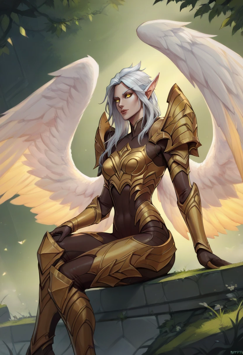 score_9, score_8_up, score_7_up, score_6_up, k4yle, kayle, 1girl, yellow eyes, long hair, pointy ears, white hair, wings, multiple wings, feathered wings, bodysuit, armor, breastplate, shoulder armor, gauntlets, <lora:Kayle_Default_v2:0.7>, sitting, <lora:sxz-wowart-smol-v2-pdxl:1>,wowart style