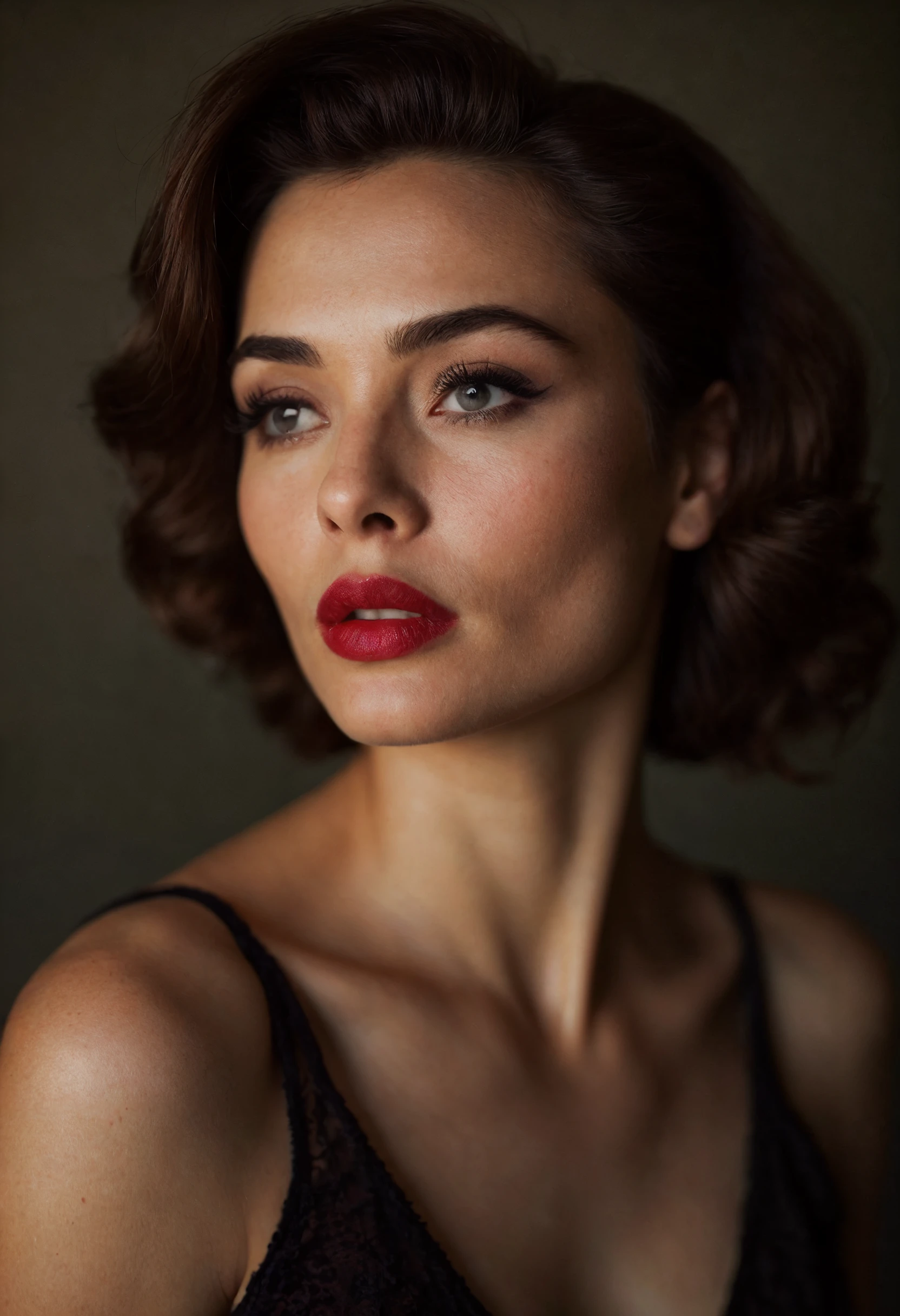 Portrait Photography: A vintage Hollywood woman portrait, featuring glamorous styling, retro hair and makeup, and dramatic lighting. Captured on a Leica M10 with a 50mm f/1.4 Summilux lens, using three-point lighting and a medium shot.