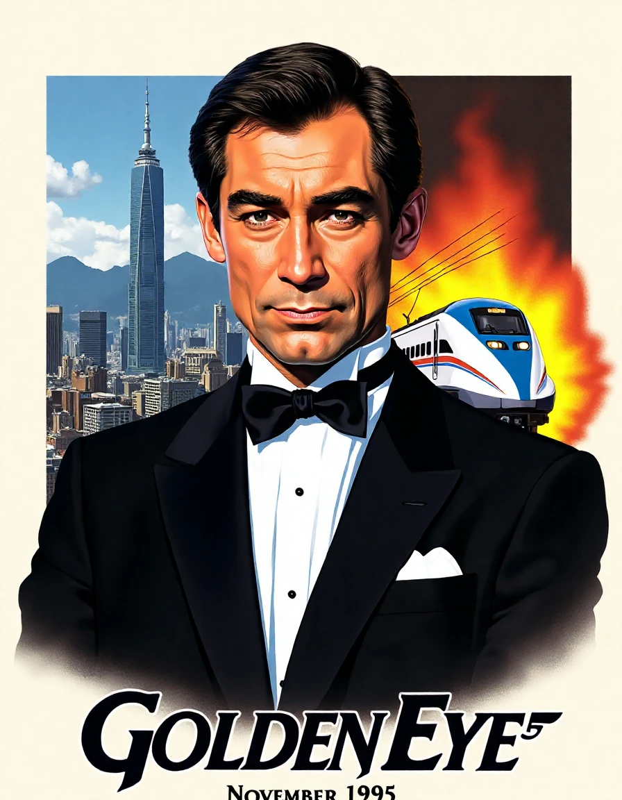 An illustrated movie poster for the film "GoldenEye". A smaller title appears on the bottom of the poster in "November 1995". In the centre is the main character, Tim Dalton. He is wearing a black tuxedo and a white shirt and a black bow tie and has a serious expression on his face. Behind him on the left is an illustration of Hong Kong. Behind him on the right is a shinkansen train moving at speed while on fire.
 <lora:TimDalton:1>